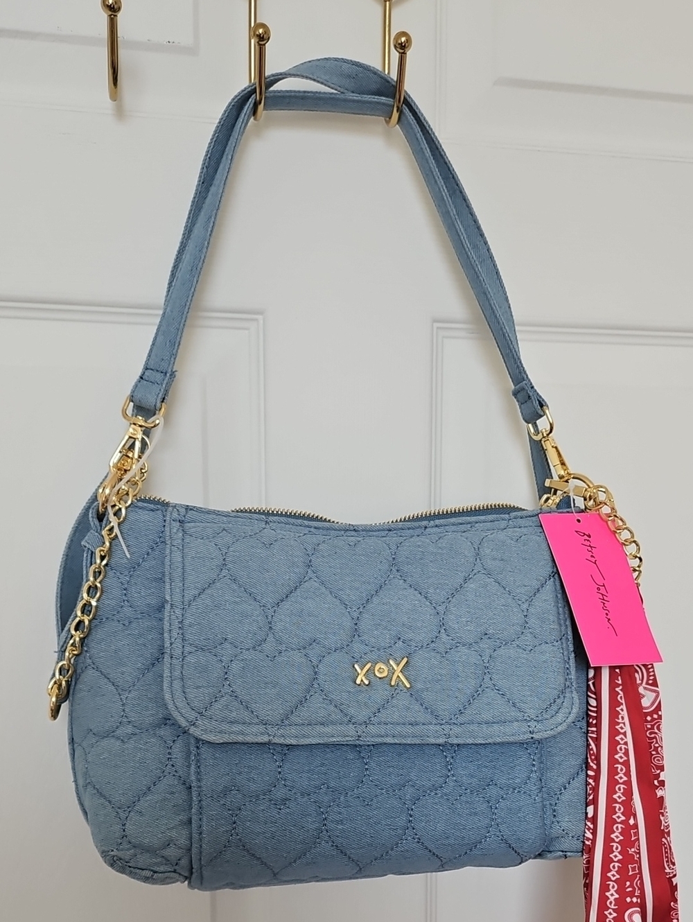 BETSEY JOHNSON quilted Light Blue Denim Heart-Pattern Shoulder Bag